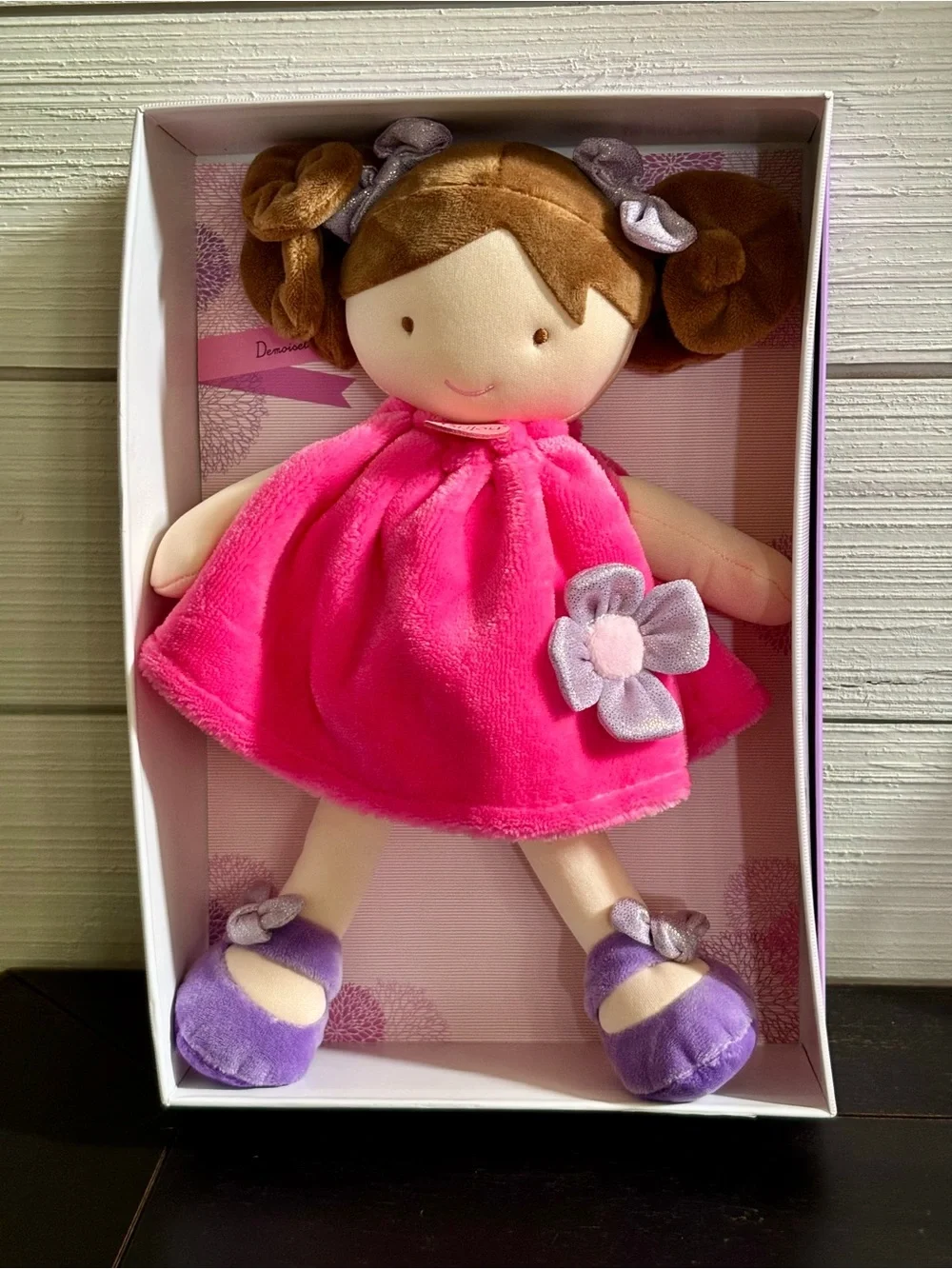 Jolijou Paris Demoiselle Pretty Brown Hair Plush Doll Toy Lovey Pink‎ Dress NEW
